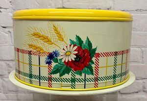 Vtg Tin Metal Cake Carrier Mid-Century Floral & Plaid Yellow 40s 50s Kitchen
